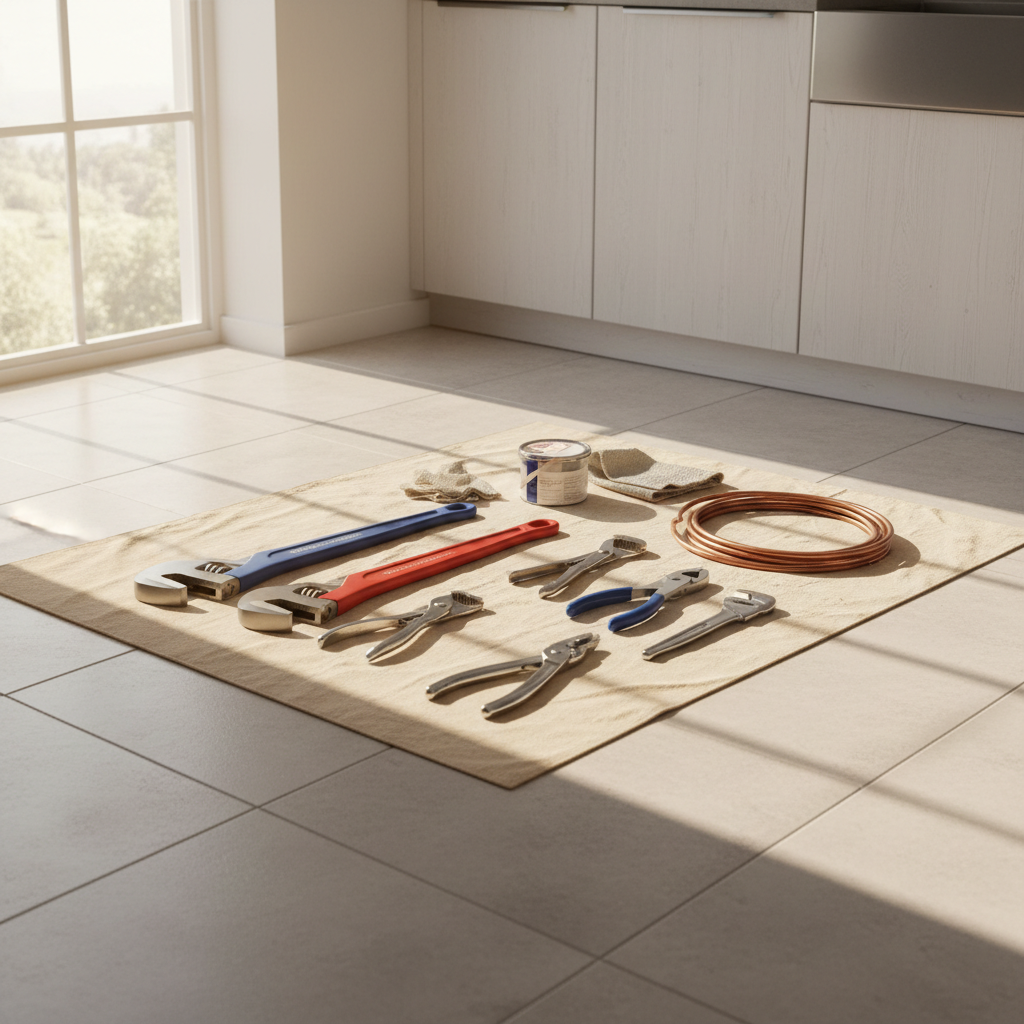 A plumber's tools arranged on a drop cloth on a clean tile floor, ready for a home repair job.