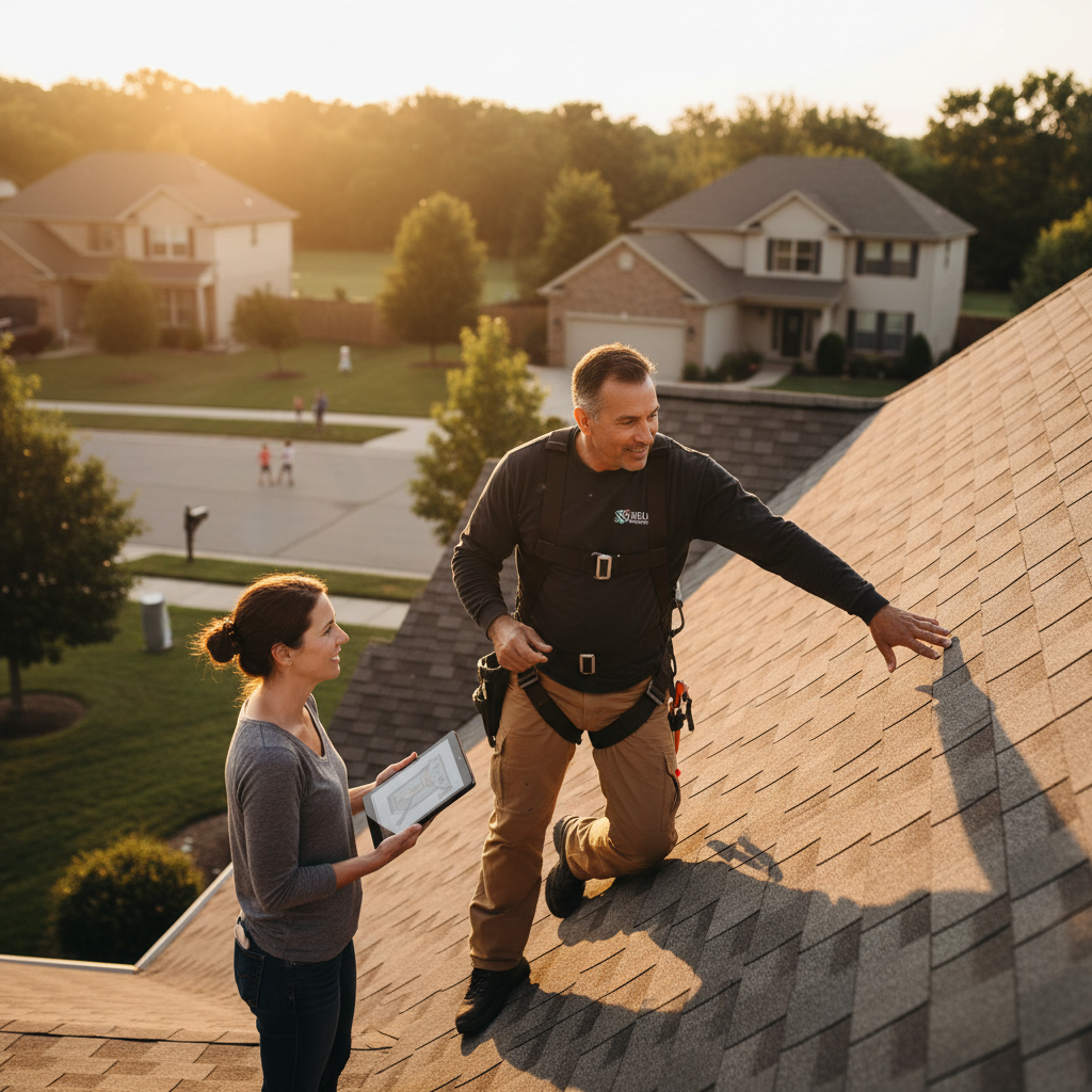 A roofer and a homeowner discussing a roofing project on the roof of a house at sunset.