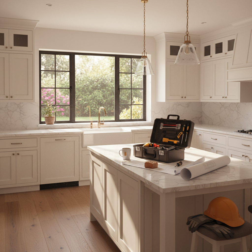 A newly remodeled kitchen with white cabinets, marble countertops, and a toolbox sitting on the counter.