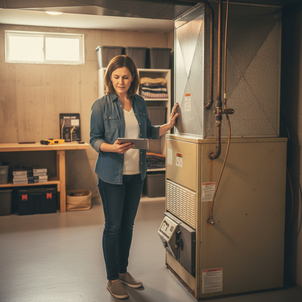A homeowner inspects their furnace in a clean basement, considering whether it needs repair or replacement.
