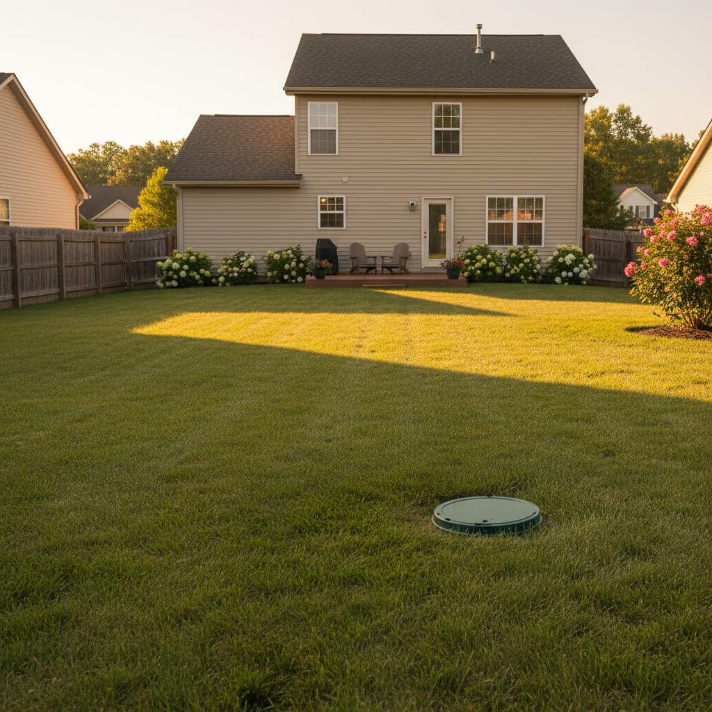 The green plastic lid of a residential septic tank sitting flush in a well-kept grassy backyard.