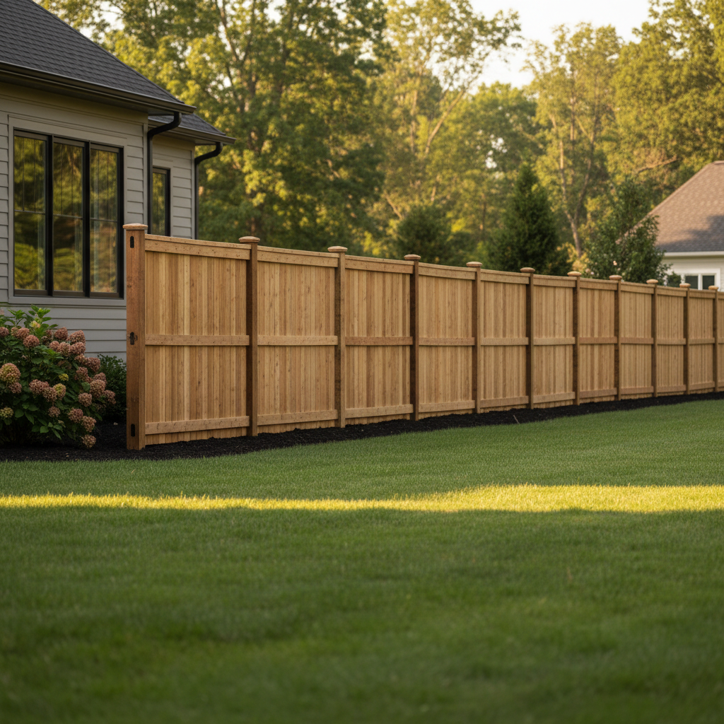 A new wooden privacy fence bordering a lush green lawn in a suburban backyard.