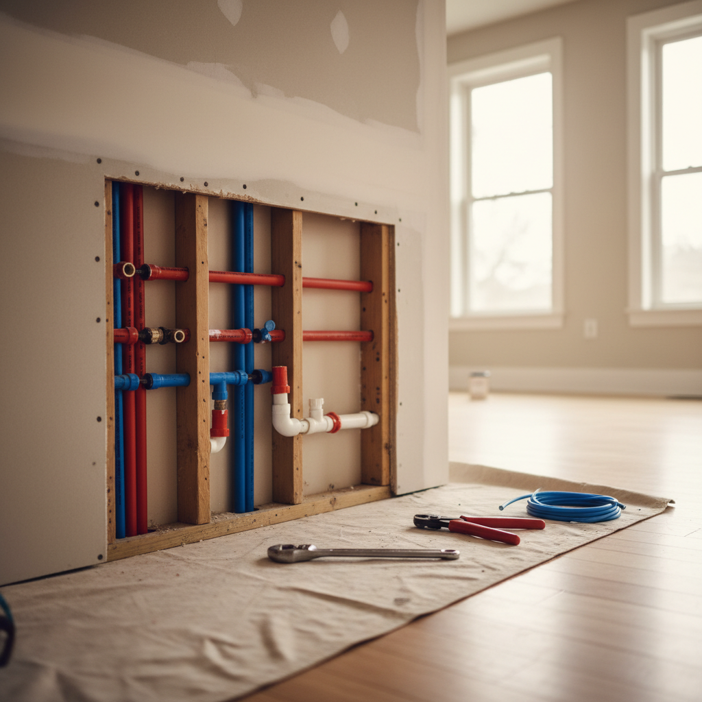 An open wall showing new PEX plumbing lines installed during a home repipe project, with tools on the floor.