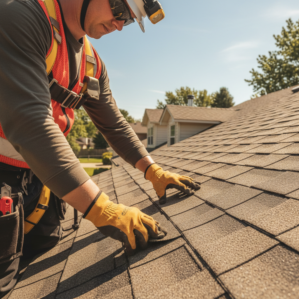 Close-up of a roofer's hands inspecting the shingles on a residential roof.