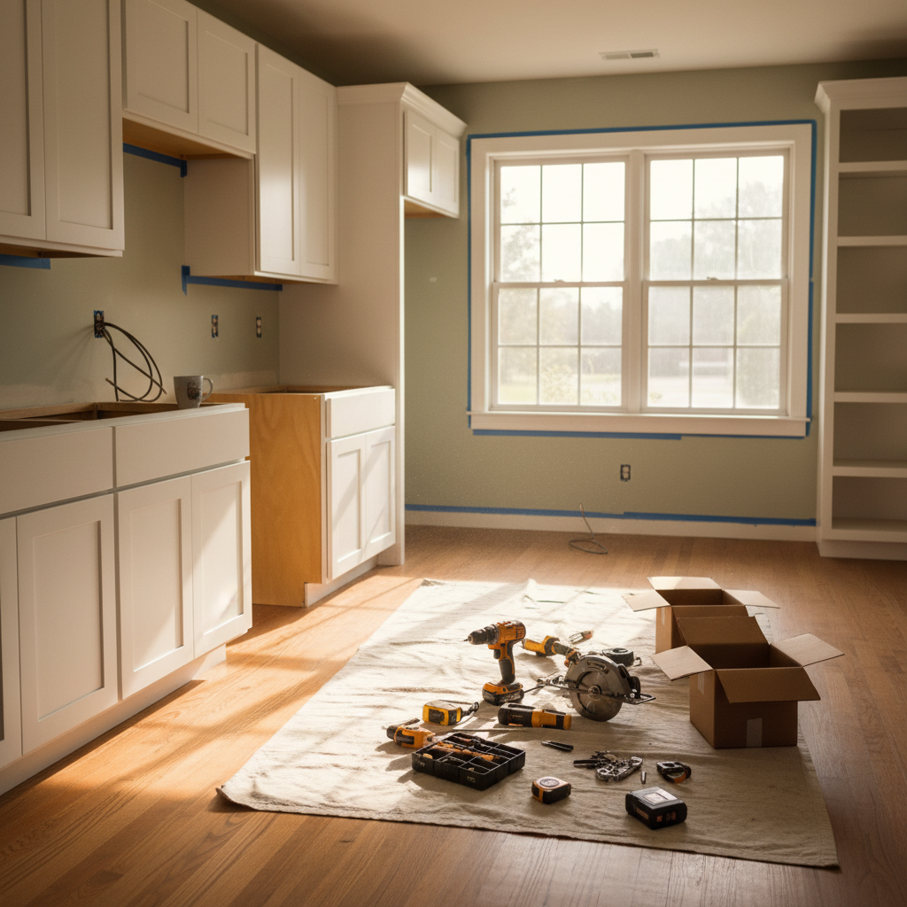 A partially remodeled kitchen with new white shaker cabinets, with tools and a stepladder indicating work in progress.