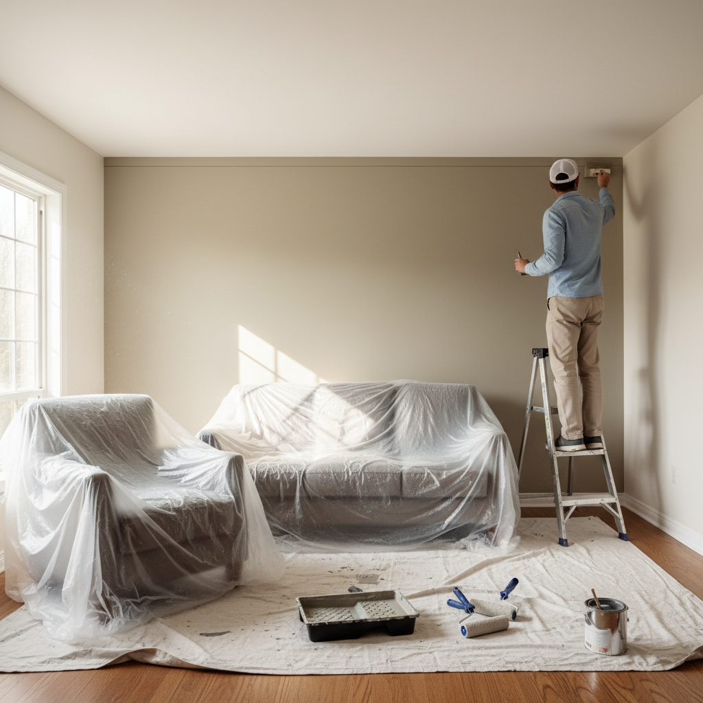 Living room with furniture covered in plastic during a professional interior painting project.