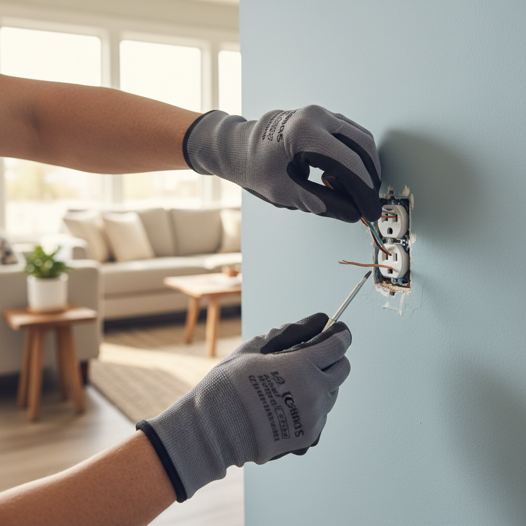 A licensed electrician carefully installs a new electrical outlet in the wall of a modern home.