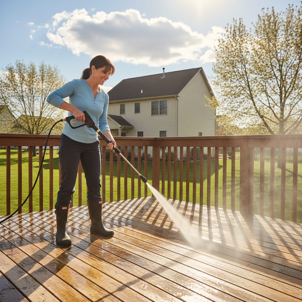 A homeowner power washing their home's wood deck on a sunny spring day.