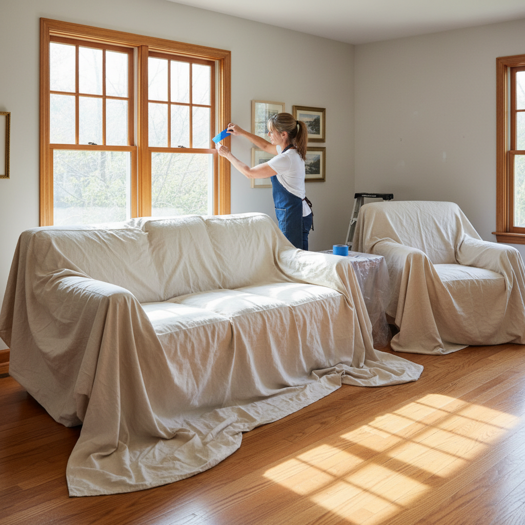 A bright living room with furniture covered by a drop cloth, being prepped for painting by a homeowner.