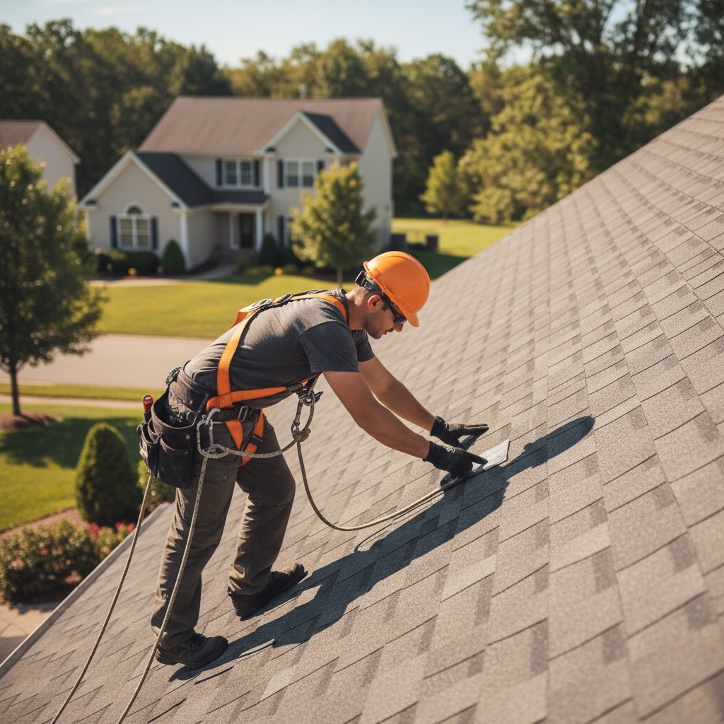A roofer inspecting the asphalt shingles on the roof of a single-family home.