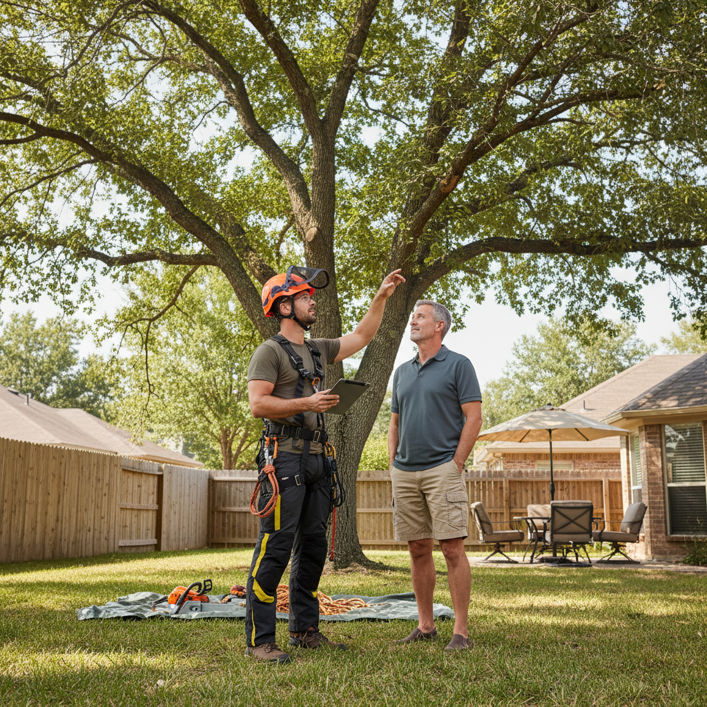 An arborist and a homeowner discuss a large tree in a backyard, planning for its removal.