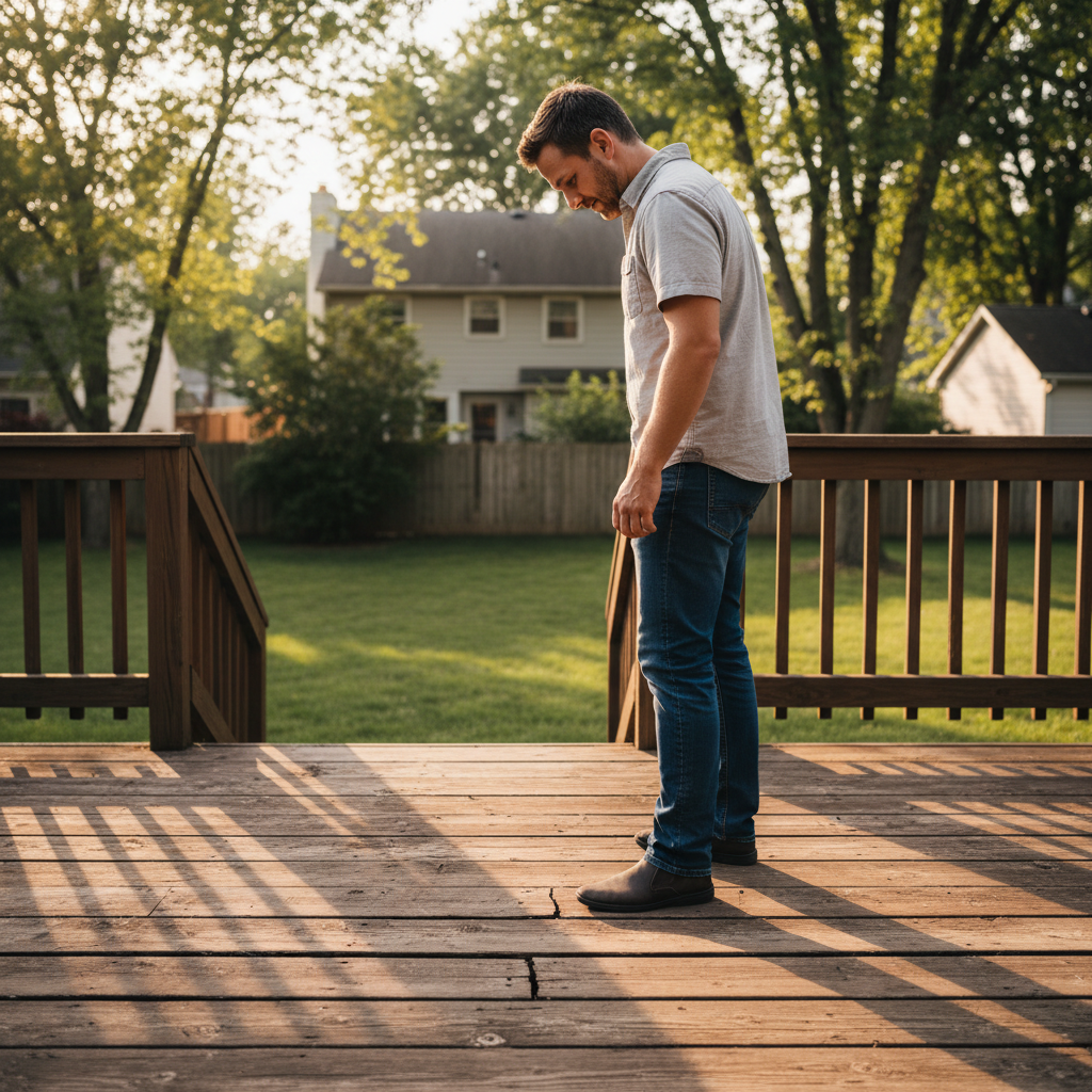 A person inspecting weathered wooden deck boards in a sunny backyard.