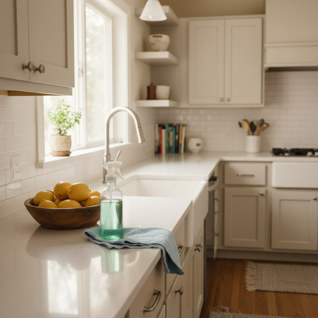 A clean, modern kitchen with a cleaning spray and cloth on the counter, ready for a professional house cleaning service.