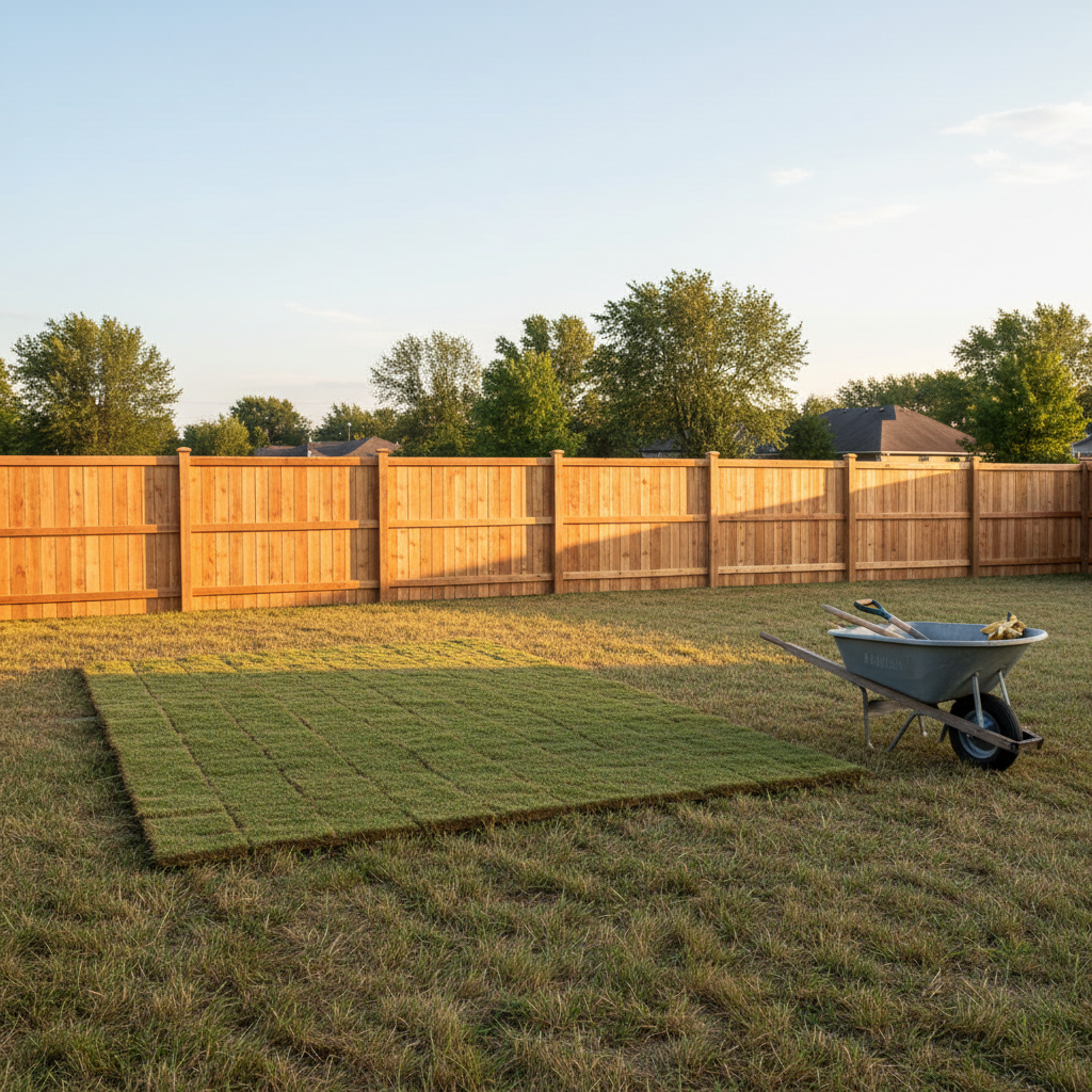 A new wood privacy fence enclosing a green lawn in a suburban backyard.