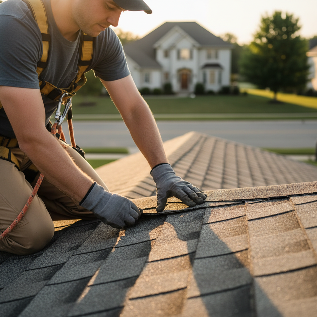 A roofer wearing a safety harness inspects asphalt shingles on a home's roof during a sunny late afternoon.