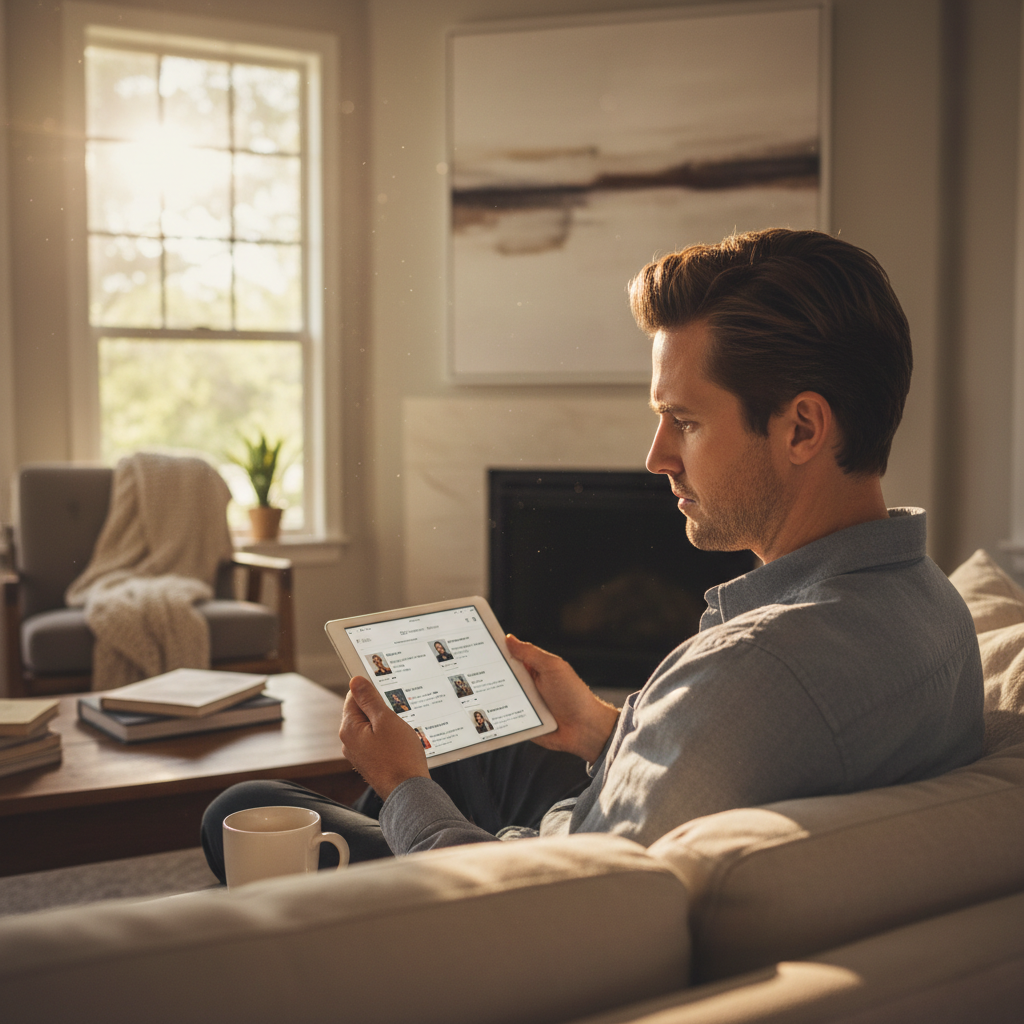 A homeowner researches contractors on a tablet while sitting on a couch in their sunlit living room.