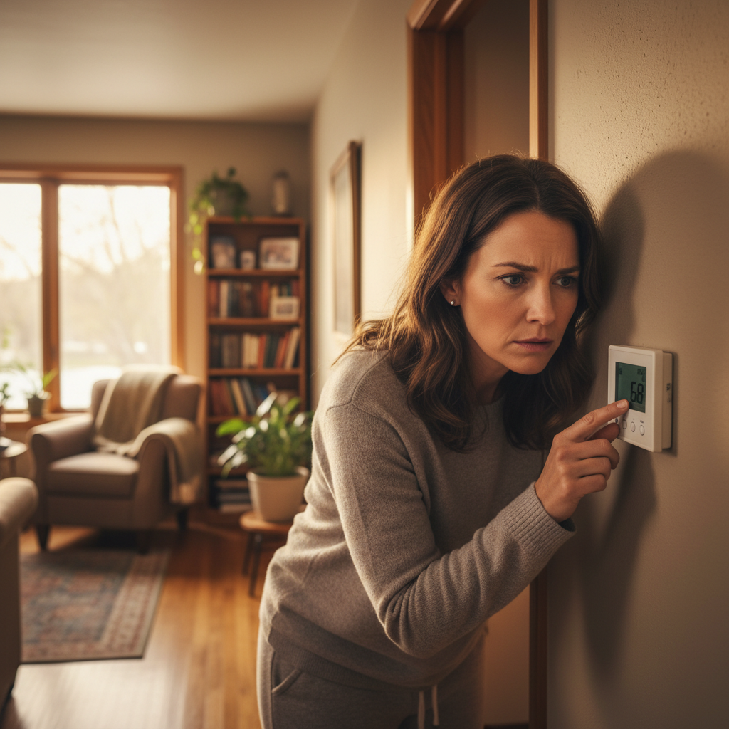 A homeowner looks with concern at their home thermostat, considering if their HVAC system needs repair.