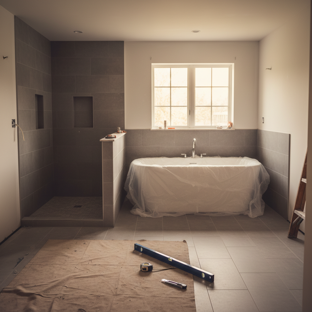A modern, newly tiled bathroom mid-remodel with tools laid out on a drop cloth by a window.