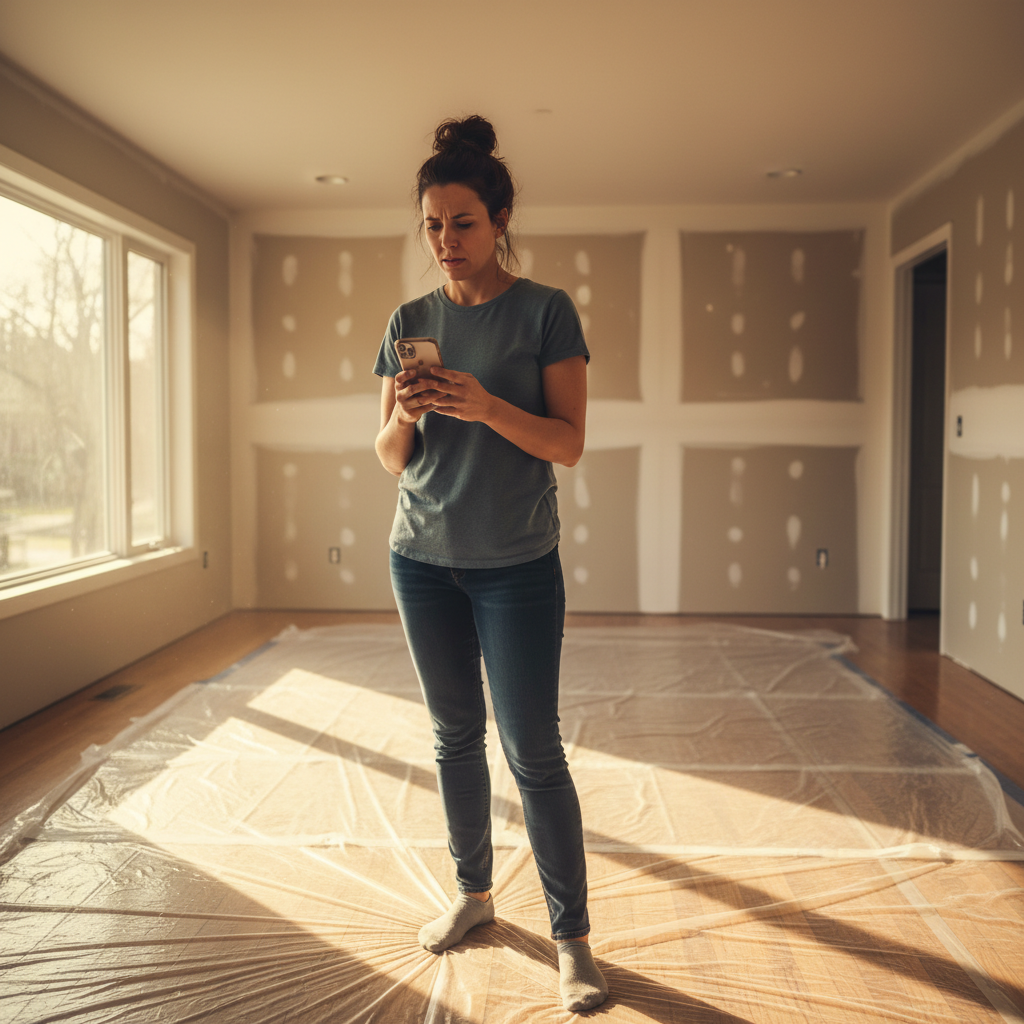 A homeowner looks at their phone in an unfinished room, worried about a home renovation project that has stalled.
