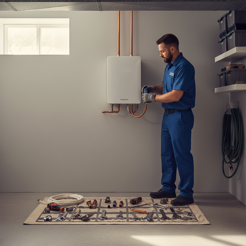 A plumber installing a modern tankless water heater in a home's utility room.