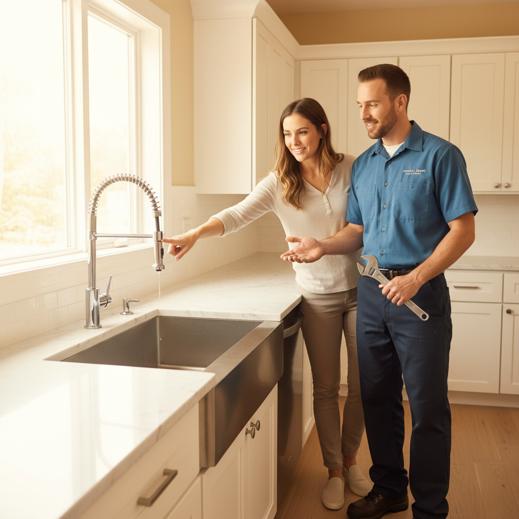 A homeowner discusses a leaky kitchen faucet with a professional plumber in a sunny, modern kitchen.