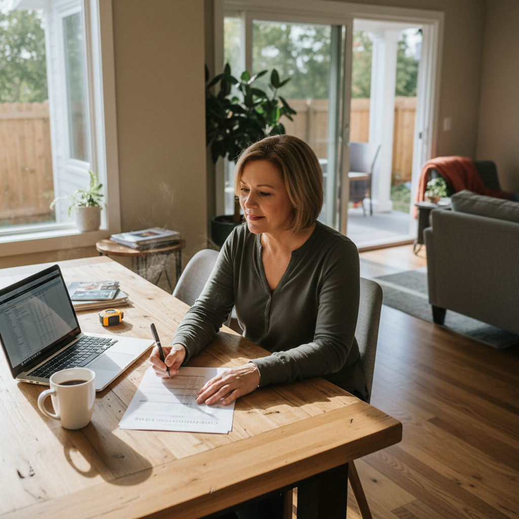 Homeowner at a dining table carefully reviewing a contractor quote document for a home project.