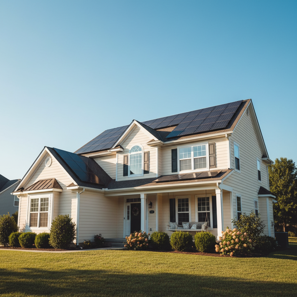 A modern two-story home with dark gray siding, showing a brand new solar panel installation on a sunny day.