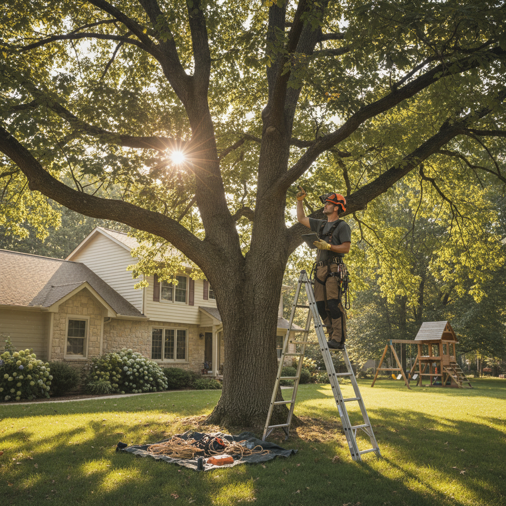 An arborist standing in a sunny backyard, looking up at a very large tree he is preparing to assess for removal.