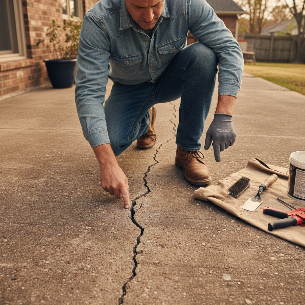 A homeowner inspects a long crack in their concrete patio to decide on the best repair method.