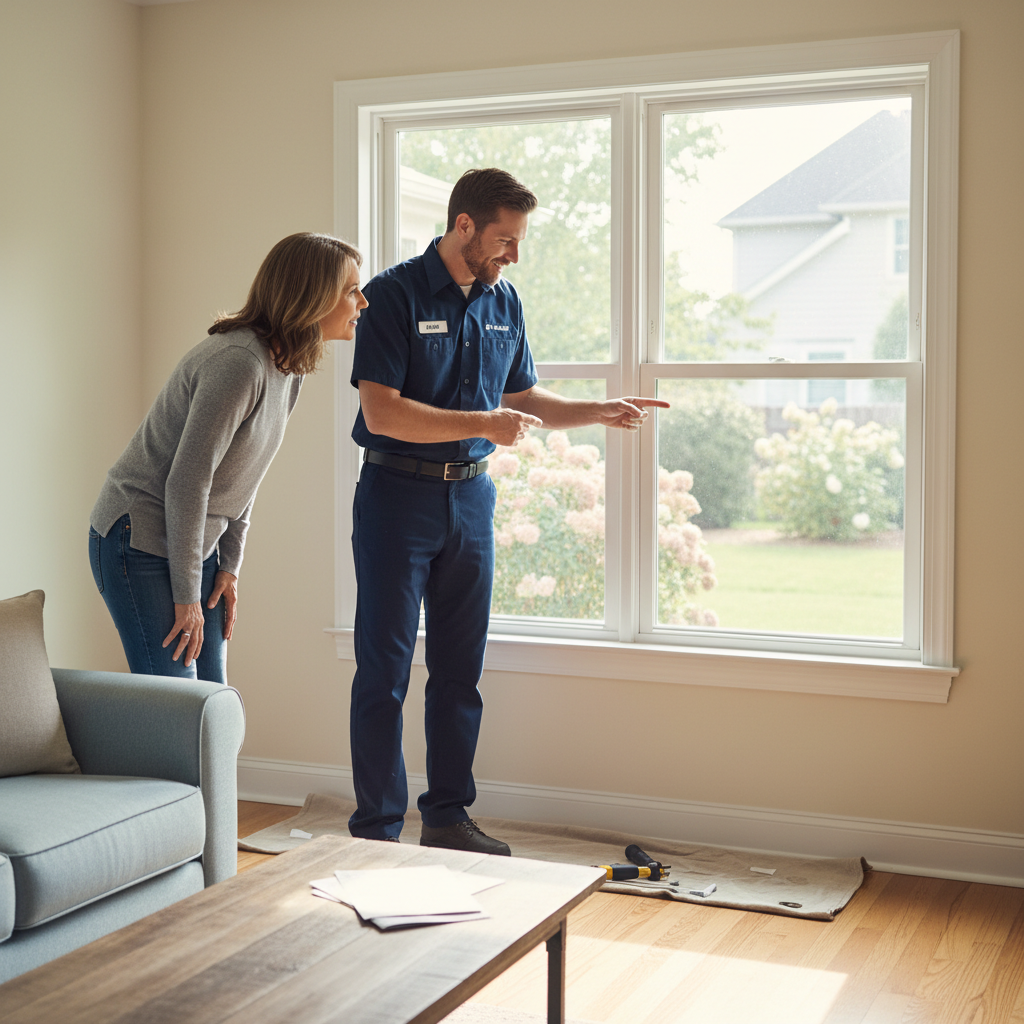 A homeowner and a window installation professional discussing a newly installed double-hung window in a comfortable living room.