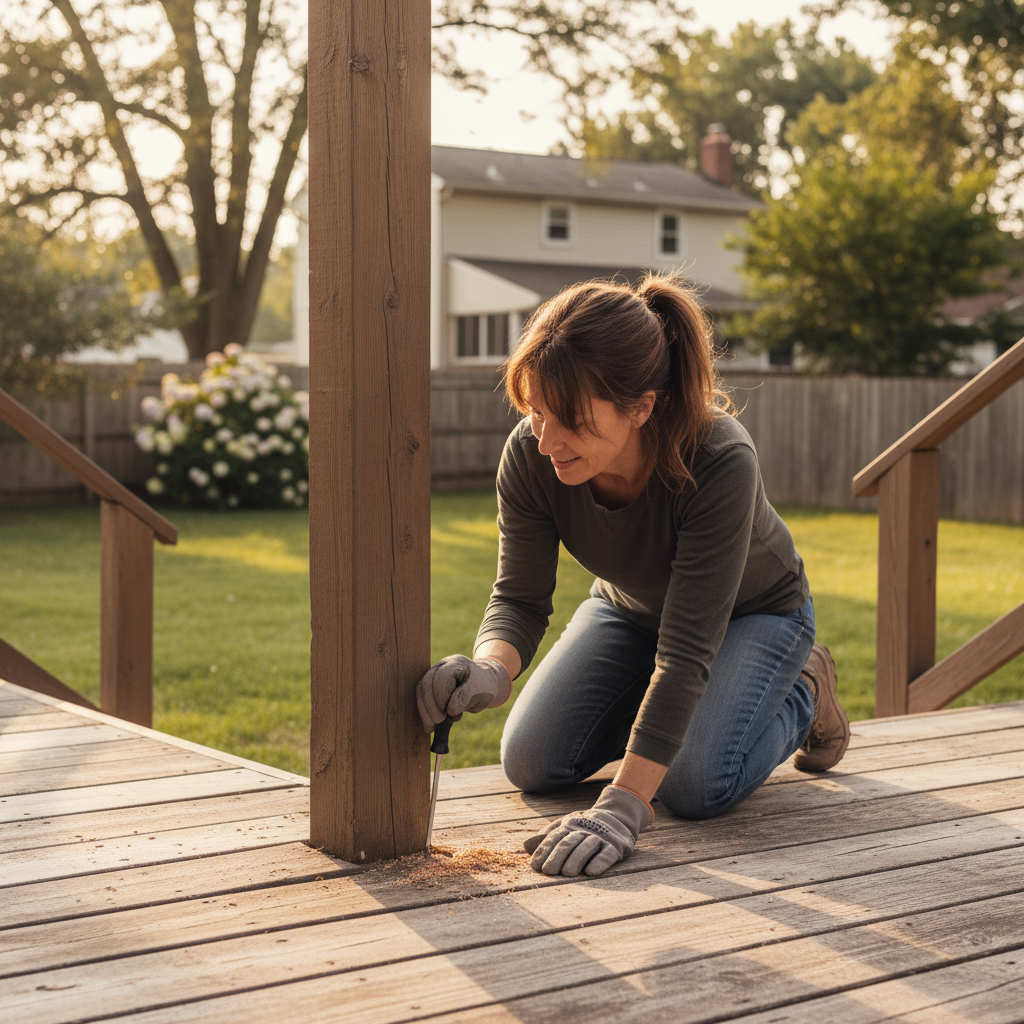A person inspecting the structural post of a home's wooden deck for rot before deciding whether to repair or rebuild.