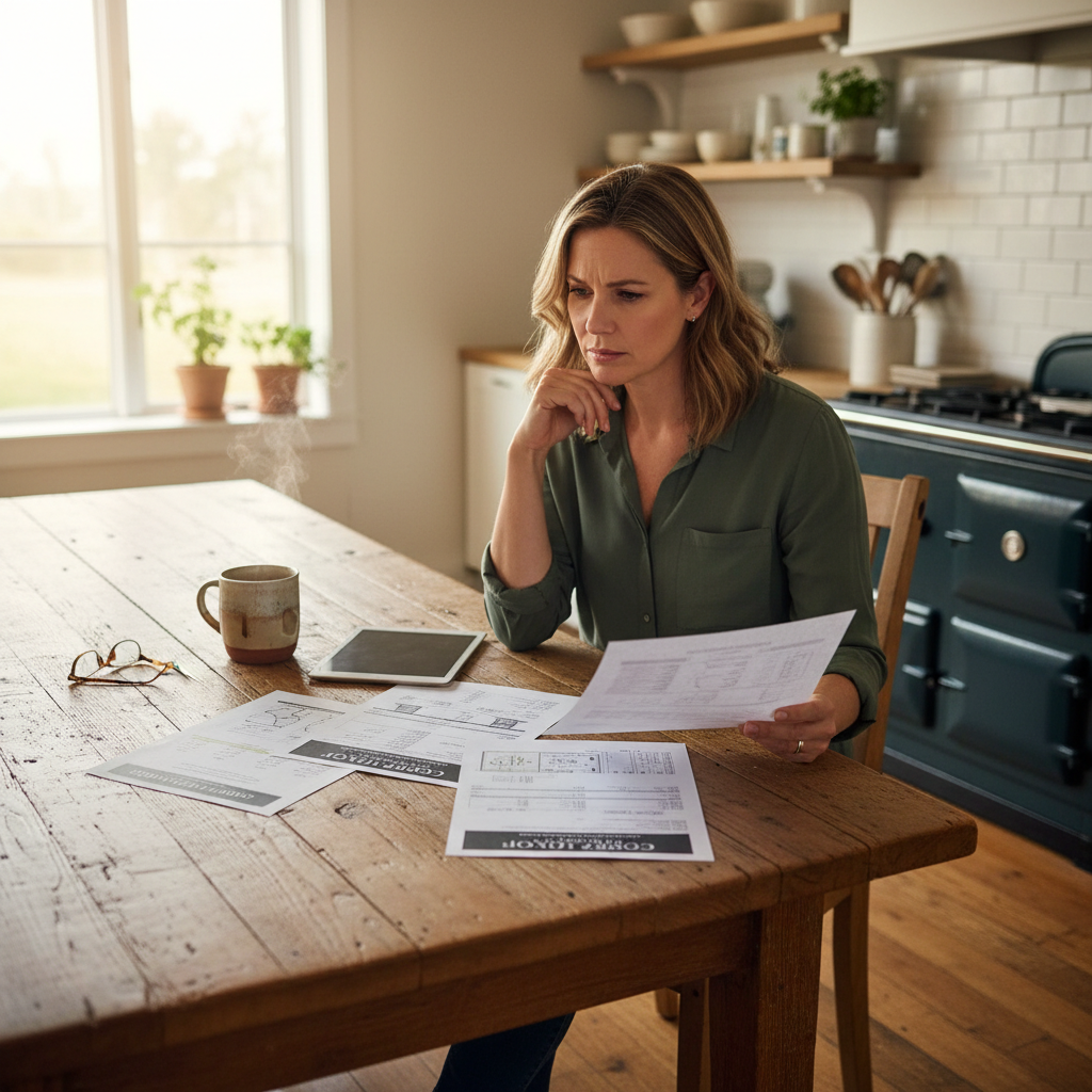 Homeowner sitting at a kitchen table comparing three different contractor quotes for a home project.
