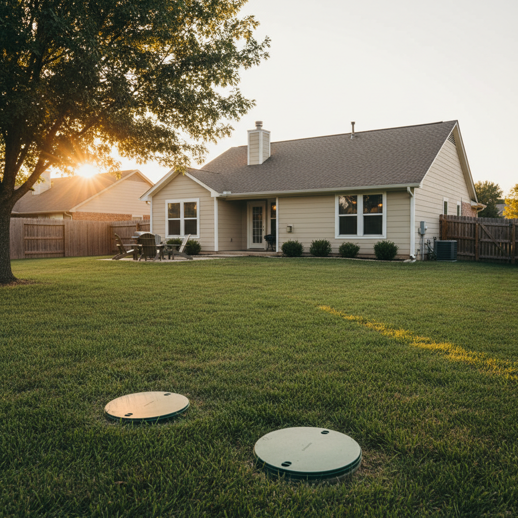 Two green septic tank lids flush with a neat, green lawn in a suburban backyard, indicating a well-maintained system.