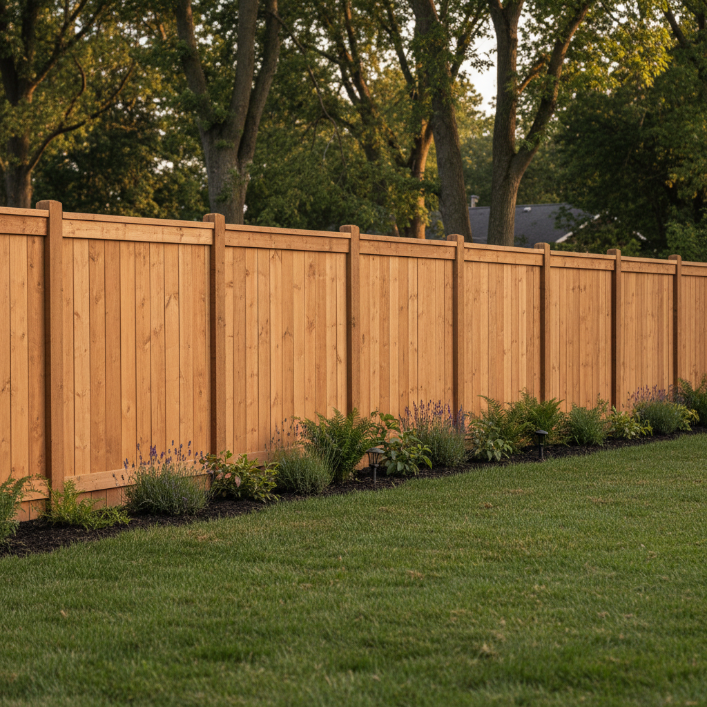 A new wooden privacy fence enclosing a tidy green lawn and garden in a residential backyard.