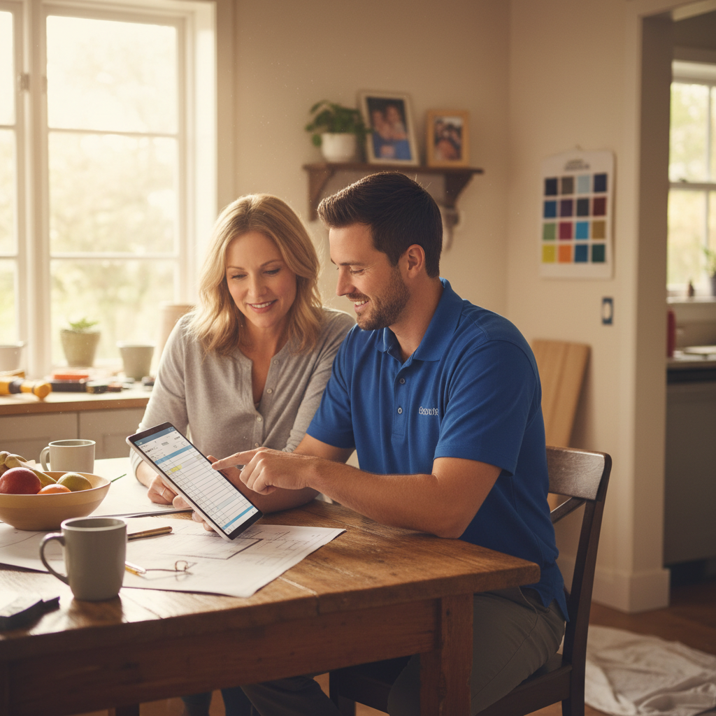 A homeowner reviews a detailed project estimate with a contractor at their kitchen table.