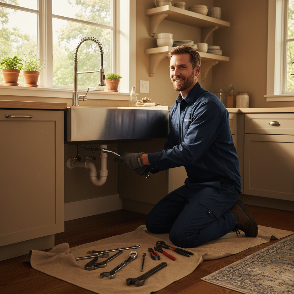 A licensed plumber carefully works on the pipes under a clean kitchen sink in a well-lit home.