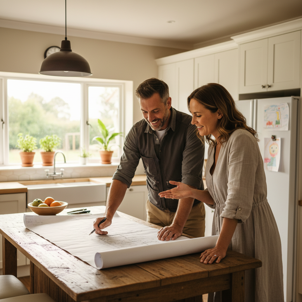 A homeowner and a contractor stand in a kitchen, reviewing plans together for a home remodeling project.