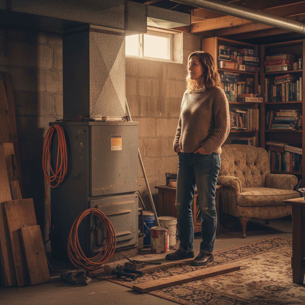 A person inspecting an old furnace in a basement, considering whether to repair or replace the HVAC system.