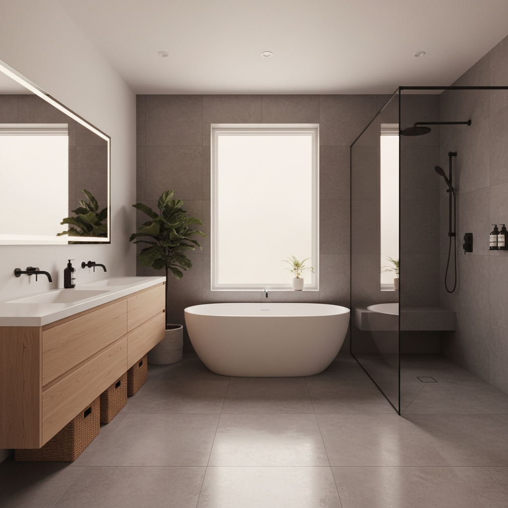 A bright, modern renovated bathroom with a freestanding tub and light wood double vanity.