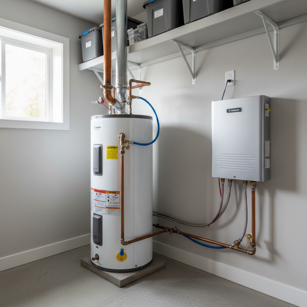 A side-by-side comparison of a traditional tank water heater and a modern tankless water heater in a basement.