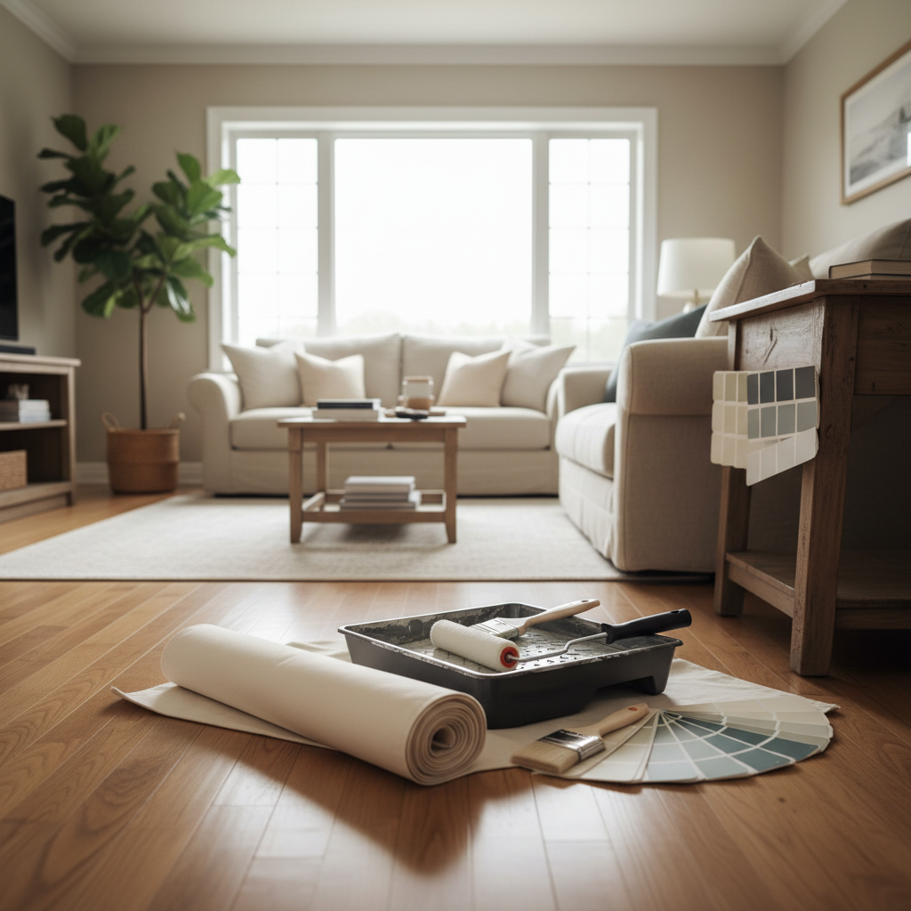A living room prepared for painting, with a drop cloth, roller, and paint swatches on a table.