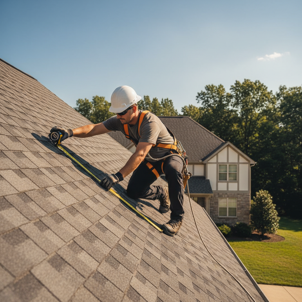 A professional roofer inspects a residential asphalt shingle roof on a clear day.