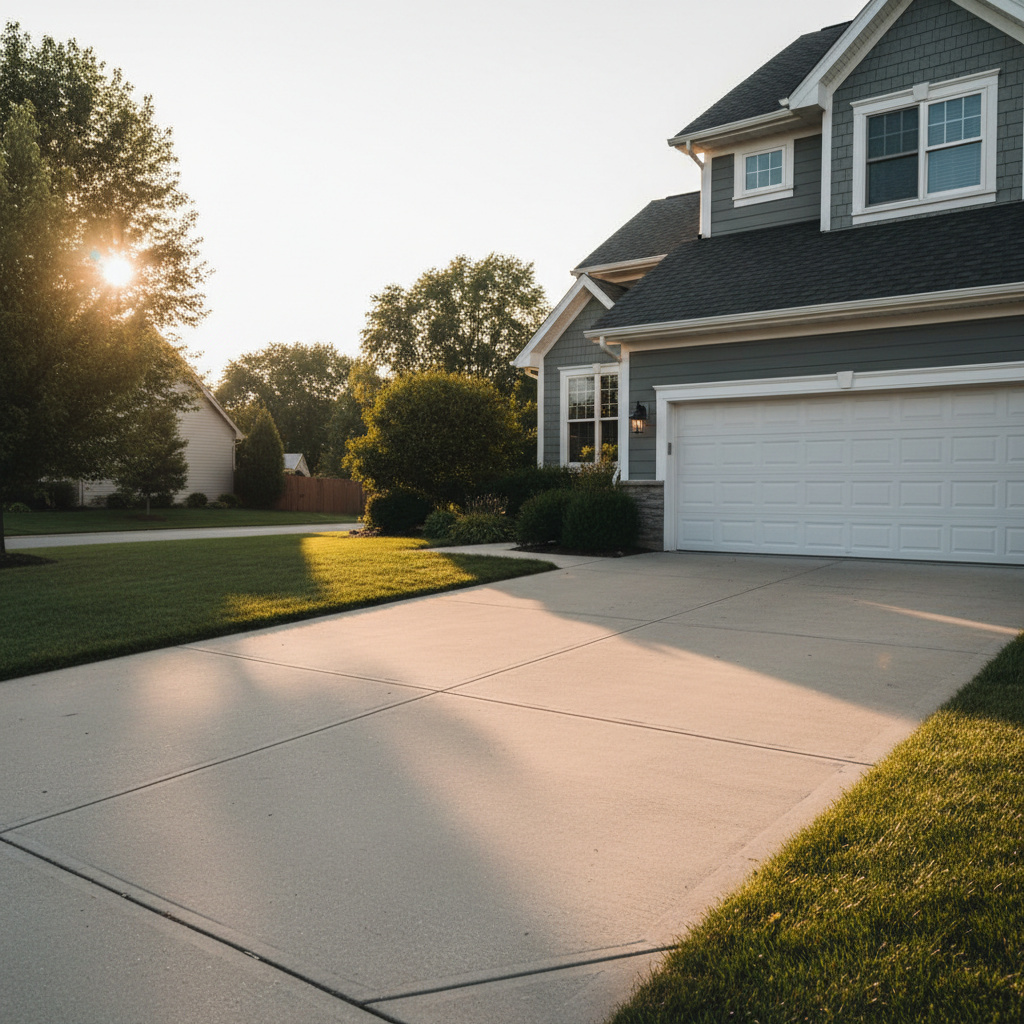 A modern concrete driveway in front of a suburban home, showing the choice between repair and replacement.