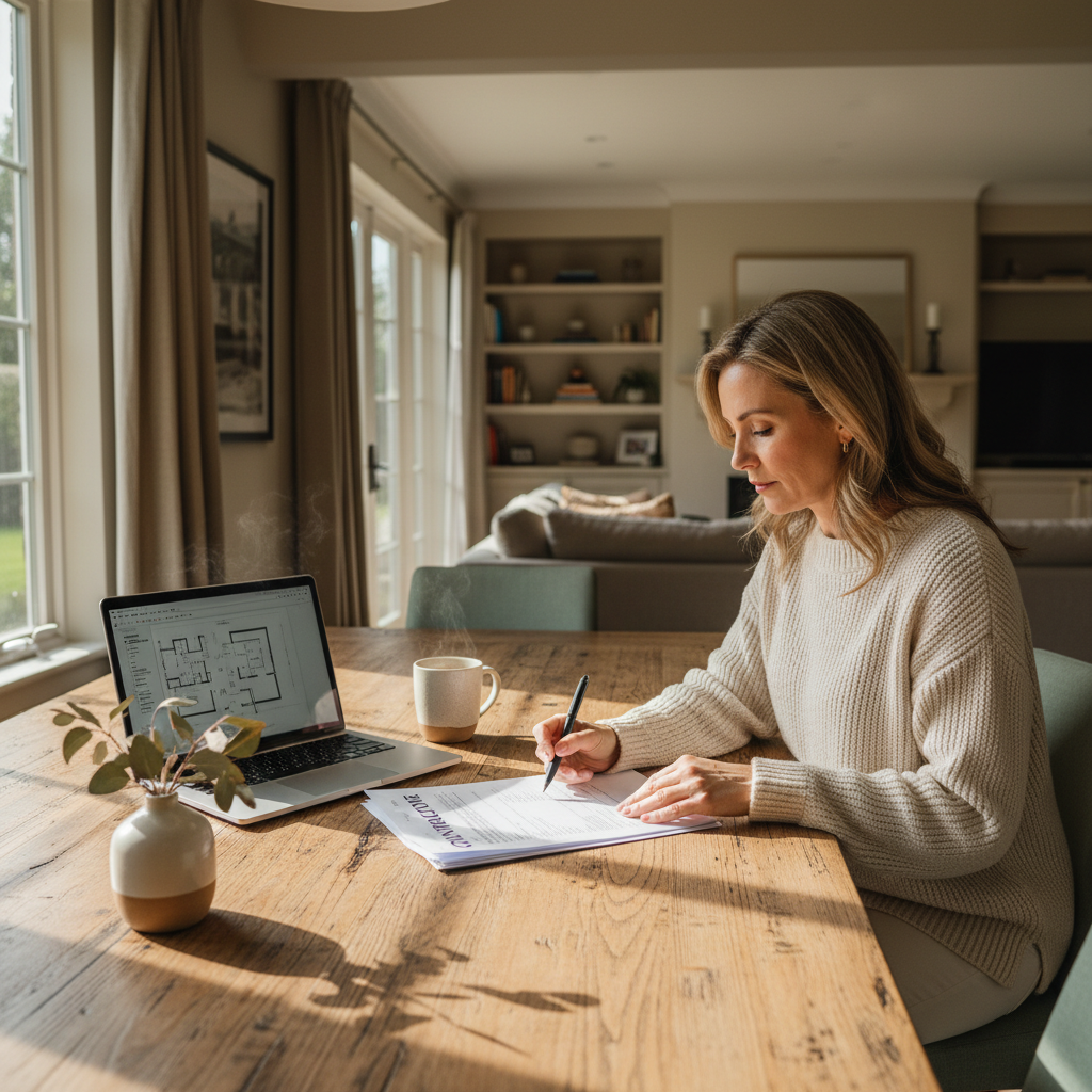 A person at a wooden table carefully reviews a contractor's estimate document, making notes with a pen.