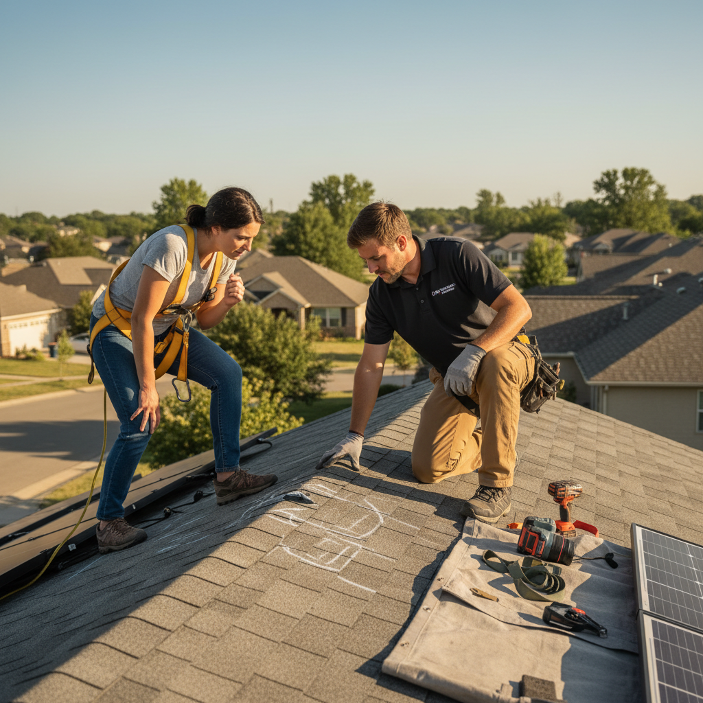 A solar installer discusses panel placement with a homeowner on their roof.