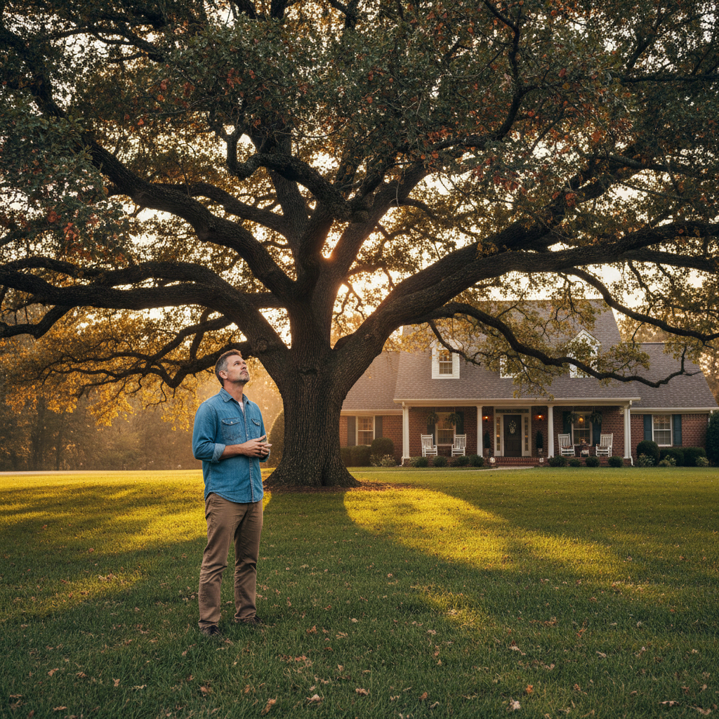A homeowner looking at a large, mature tree in their yard at sunset, considering the need for tree service.