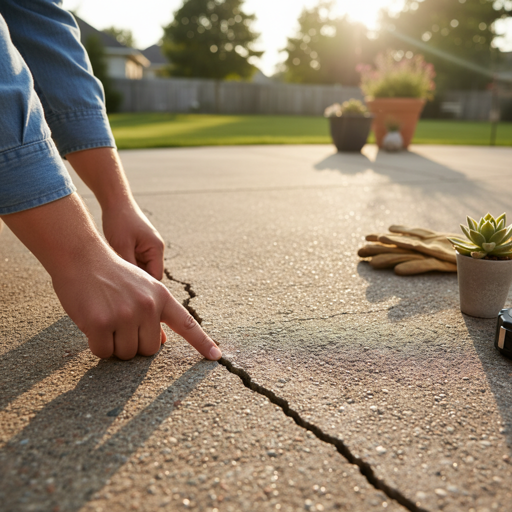 A person inspecting a long crack running across a concrete patio slab, deciding on the best repair method.