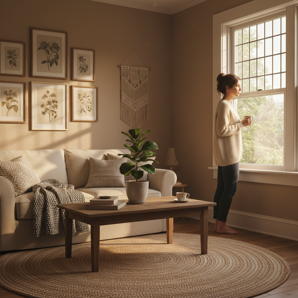 A person looks out a large, new window from inside a bright, comfortable living room, considering a home improvement project.