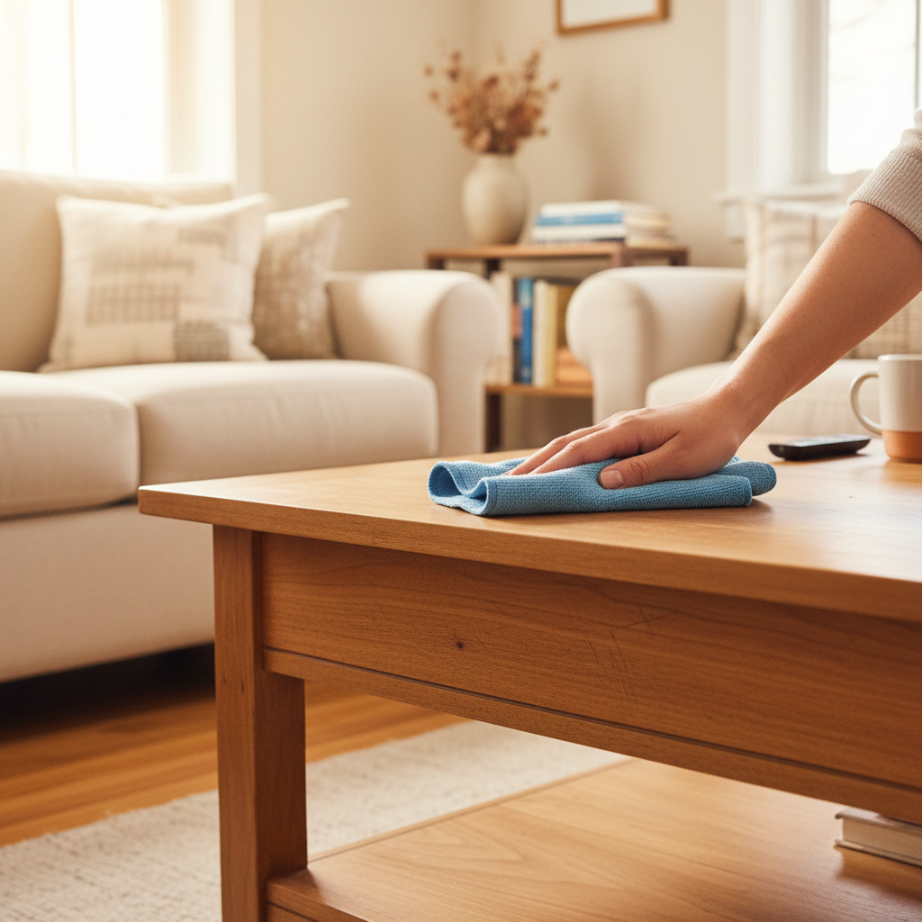 A person wiping a coffee table in a clean, sunlit living room, representing a professional home cleaning service.