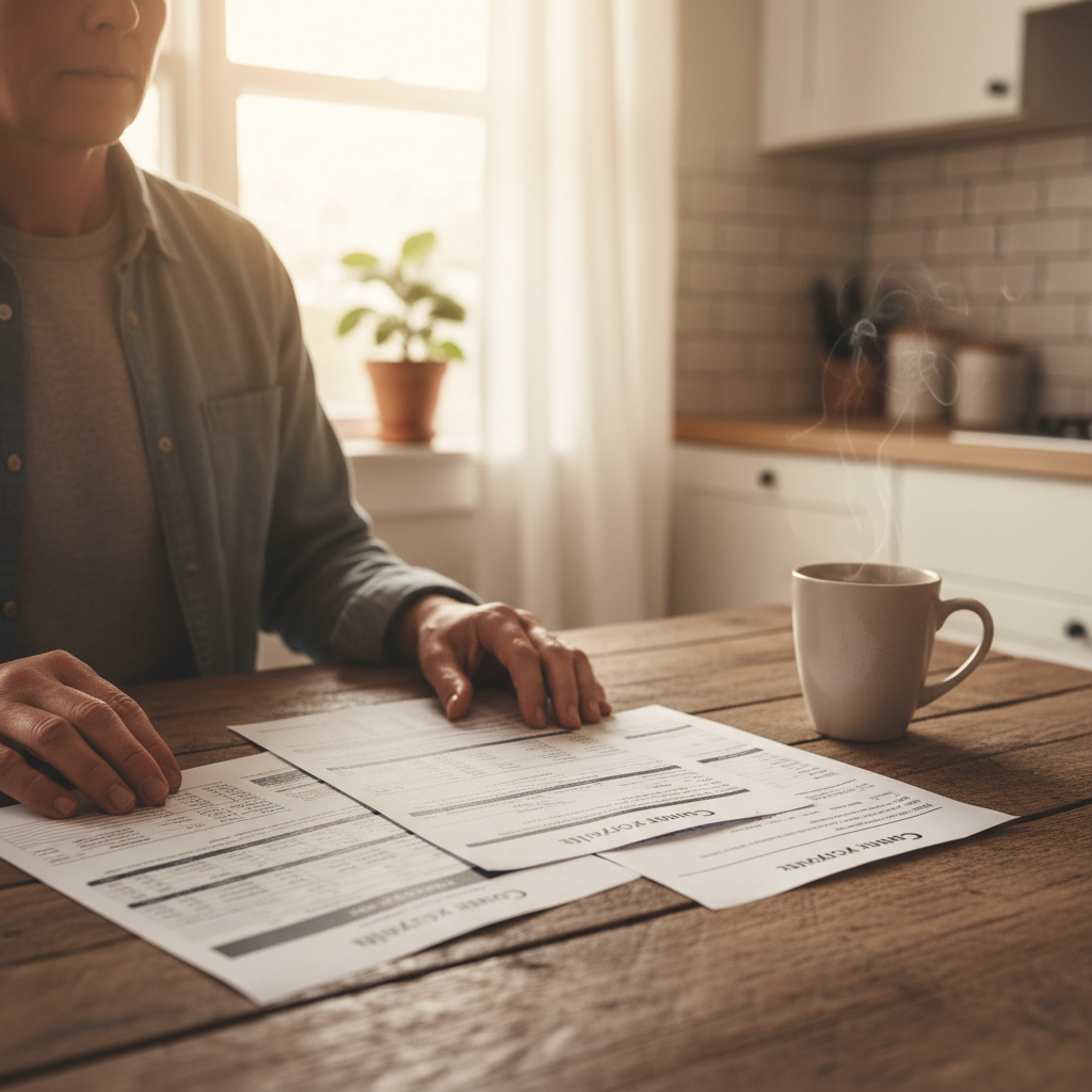 A homeowner sits at a kitchen table comparing three different contractor quotes for a home project.